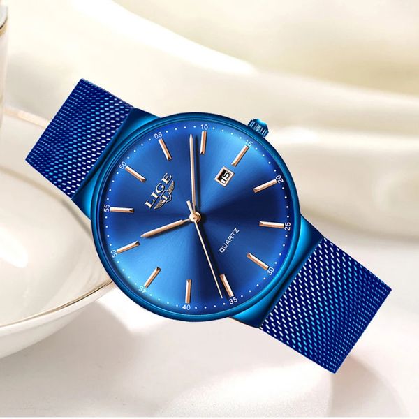 Orologi da donna LIGE Top Brand di lusso analogico al quarzo da donna Orologio da donna Full Blue Mesh in acciaio inossidabile con data Orologio alla moda Quadrante ultrasottile 231115