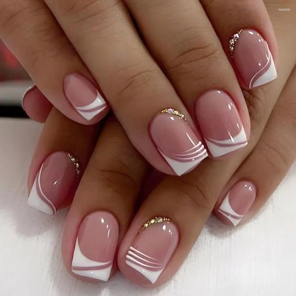 Unghie finte 24 pezzi rosa diamanti impilati French Nail Art finto acrilico artificiale corto bara rimovibile con punta a pressione