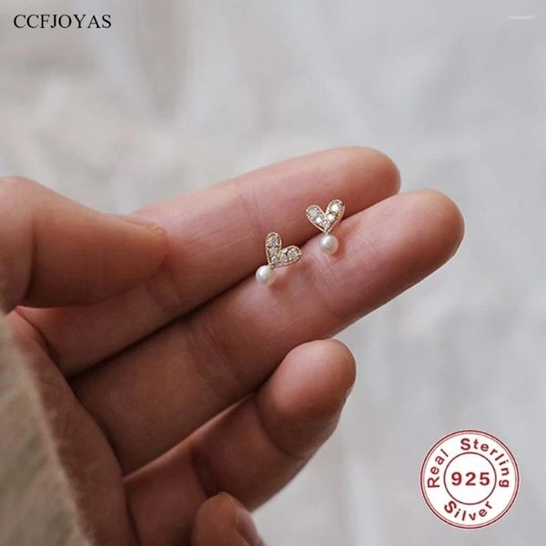 Stud Küpe Ccfjoyas 925 STERLING Gümüş Pave Zirkon Kalp Kız Mini Sevimli İnci İnce Mücevher Şeklinde