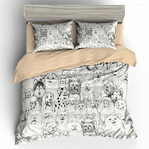 Bettwäsche-Sets 3D-Welpen-Bettbezug-Set, handgezeichnete Skizze, alle Arten von Hunden, Illustration, Strichzeichnungen, weiß und schwarz, 2/3-teilig für Kinder