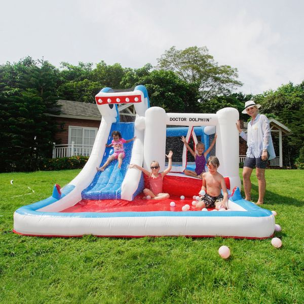 Su Bounce House Combo Park için Köpekbalığı Şişirilebilir Slayt Çocuklar için Havuz Top Çukuru Islak Kuru Kale Açık Oyun Bahçe Arka Bahçesi Partisi