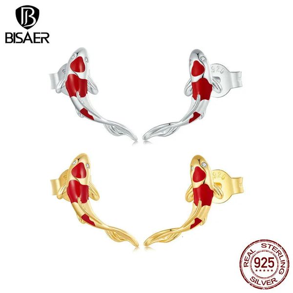 Серьги-гвоздики BISAER, 100% серебро 925 пробы, серебро, красный кои, удача, смелость, серьги-гвоздики в форме рыбы, позолоченные для счастливой женщины, вечерние ювелирные украшения ECE812 231115