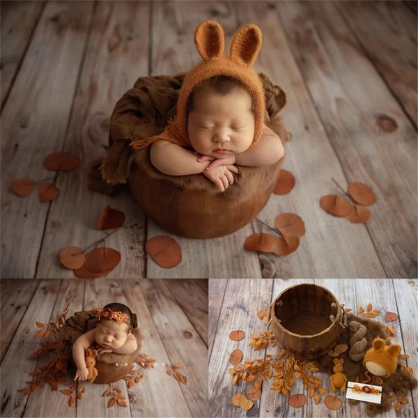 Caps Hüte geborenes Baby Pografie Requisiten Herbst Orange Vintage Set Hut Wrap Kaninchen Puppe Holzwanne Hintergrund Blätter Studio Shooting Po Prop 231115