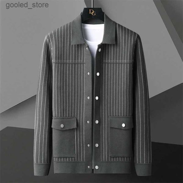 Suéter masculino com fivela oculta listra impressão cardigan homens suéter coreano casaco designer outono moda lapela malha cardigan jaqueta suéter q231115