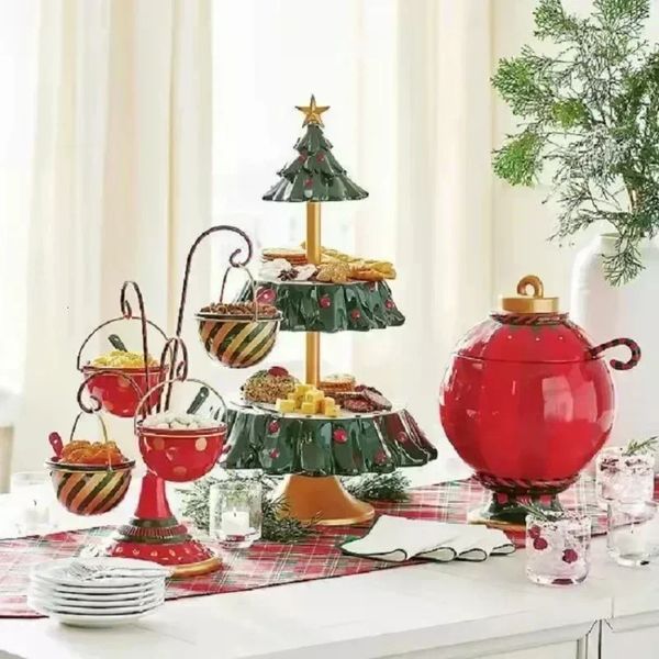 Oggetti decorativi Figurine Albero di Natale Tavolo da dessert Festa per le vacanze Piatto di caramelle Vassoio per snack Supporto per cremagliera di Natale Supporto per torta a doppio strato per frutta 231115