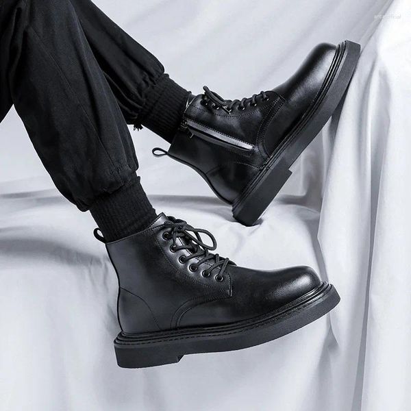 Botas masculinas plataforma de moda preto na moda sapatos de couro originais vestido de escritório de negócios cowboy tornozelo bota bonito curto botas homem