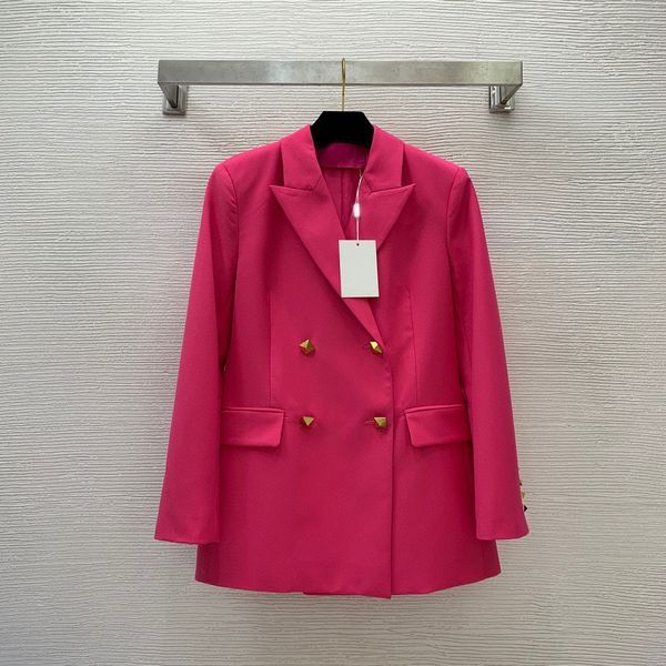 2023 outono rosa quente cor de lã sólida lã Blazers de manga comprida Botões com lapela entalhada de casacos de peito duplo B3N101756