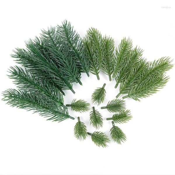 Flores decorativas 10/20 pçs agulhas de pinheiro artificial verde plantas falsas ramos decoração da árvore de natal natal diy grinalda buquê presentes caixa