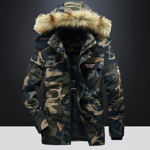 Herren Daunenparka für den Winter, Militär-Cargo-Reißverschluss, Camouflage-Jacke, dicke warme Pelz-Kapuzenkleidung, Mode, Übergröße, 4XL, 5XL, Mantel 231114