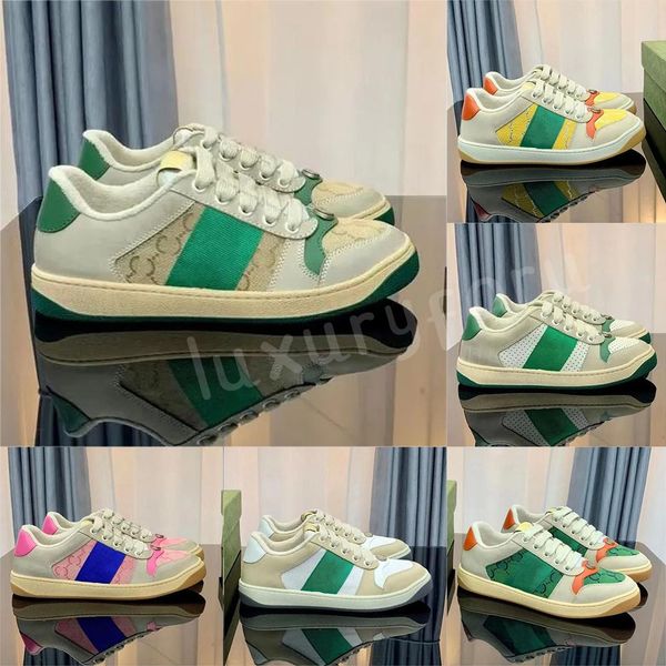 Designers de luxo Screener Sneaker Bege Manteiga Sapatos de Couro Sujo Itália Verde Web Stripe e Vintage Vermelho Sapatilhas Sola de Borracha Clássico Sapatos Casuais Do-velho