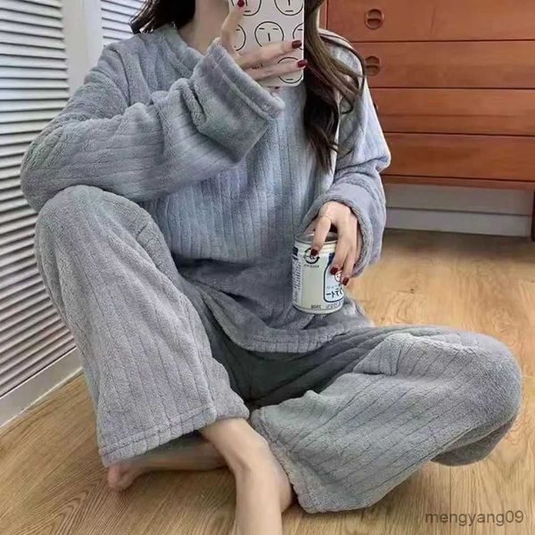 Home Clothing Winter Frauen Pyjama Set Feste Nachtwäsche Fleece Samt Stück Hause Anzug Flauschigen Casual Warmen Schlaf Nacht Tragen R231115