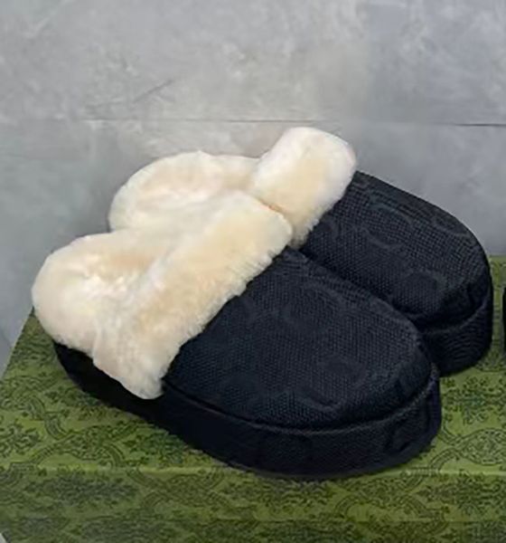 Designer Slider Slipper Moda Bordado Lona Mules Plataforma Bordada Linho Grosso Bottom Down Estilo Lã Preta Sandálias Fuzzy