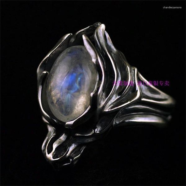 Cluster-Ringe, 925er-Sterlingsilber, Mondstein/schwarzer Sternstein, Cabochon, japanische Modelle, Import, thailändischer Wolkenwolf-Ring