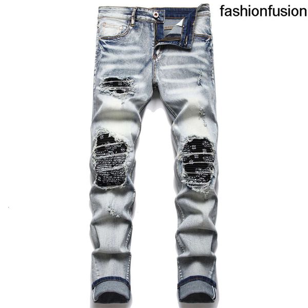 Jeans da uomo Uomo Biker Streetwear Paisley Bandana Stampa Patch Pantaloni in denim elasticizzato Fori patchwork Strappato Pantaloni neri dritti slim jeans firmati da uomo