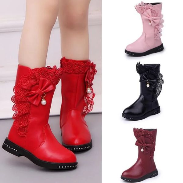 Botas crianças botas de couro do plutônio meninas strass flor moda pelúcia botas longas outono inverno crianças princesa quente meados de bezerro botas de neve 231115