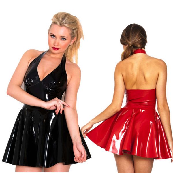 8906 # preto vermelho PVC vestido de uma peça de couro PU saia justa terno de desempenho noturno