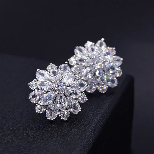 Stud Big Flower Lab Diamond Stud Küpe Gerçek 925 STERLING Gümüş Nişan Düğün Küpeleri Kadınlar Gelin Partisi Takı Hediyesi 231115