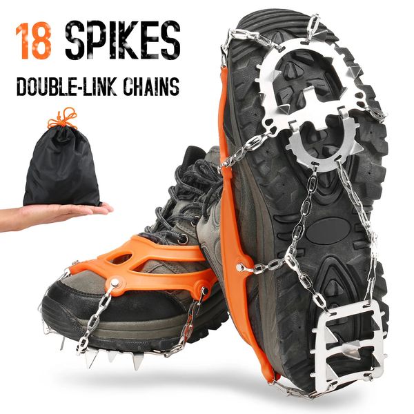 Crampons de montanhismo Sem aglomeração Crampon 18 Spikes Traction Cleats Mulheres Homens Anti-derrapantes Ice Snow Grip com bolsa de armazenamento Caminhadas Caminhadas Pesca Crampon 231114