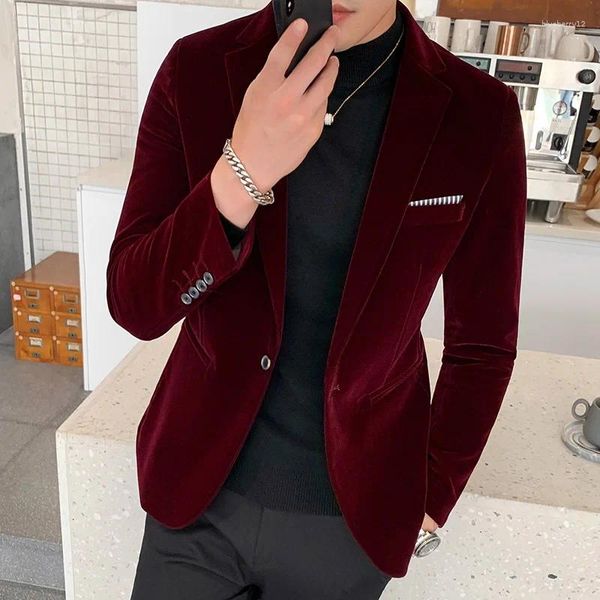 Herrenanzüge Burgunderroter Samt-Blazer für Herren, modisch, lässig, für Hochzeit, Bräutigam, Kostüm, schlankes formelles Abendkleid, M-5XL