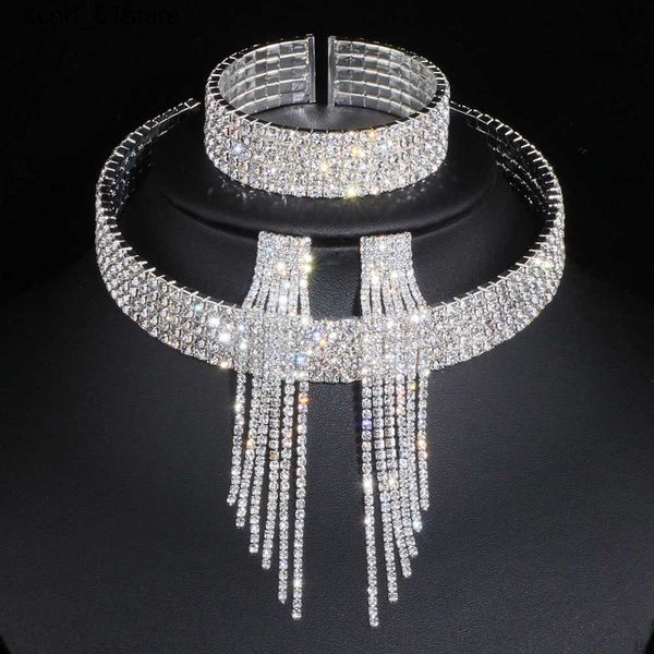 Cadeia 2023 IC Elegante Borla Cristal Nupcial Conjuntos de Jóias Africano Strass Casamento Colar Brincos Pulseira Conjuntos WX081L231115