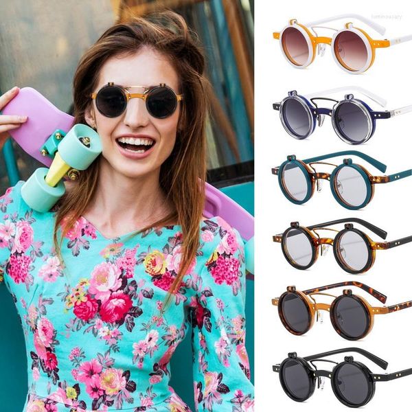 Sonnenbrille Mode Kleine Runde Punk Doppelbrücken Frauen Retro Flip Lens Shades UV400 Männer Nieten Sonnenbrille