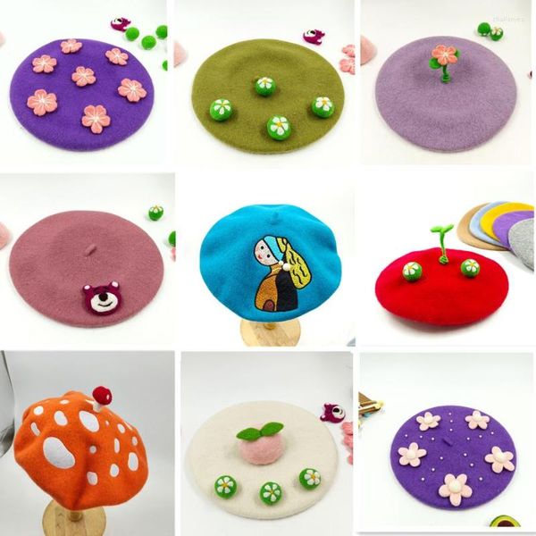 Berretti Berretto viola ispessito fatto a mano Vari accessori fai da te Cute Soft Girl Little Leaf Painter Hat Wool Sboy