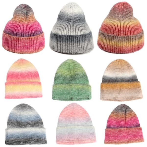 Winter Hüte Für Frauen Männer Wolle Gestrickte Hut Großen Kopf Regenbogen Farbverlauf Warme Mützen Jungen Mädchen Im Freien Winddicht Gorra mujer