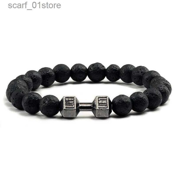 Corrente Natural Pedra Vulcânica Pulseira Homens Matte Black Lave White Beads Charme Dumbbell Strand Pulseiras Mulheres Baell Fitness JewelryL231115