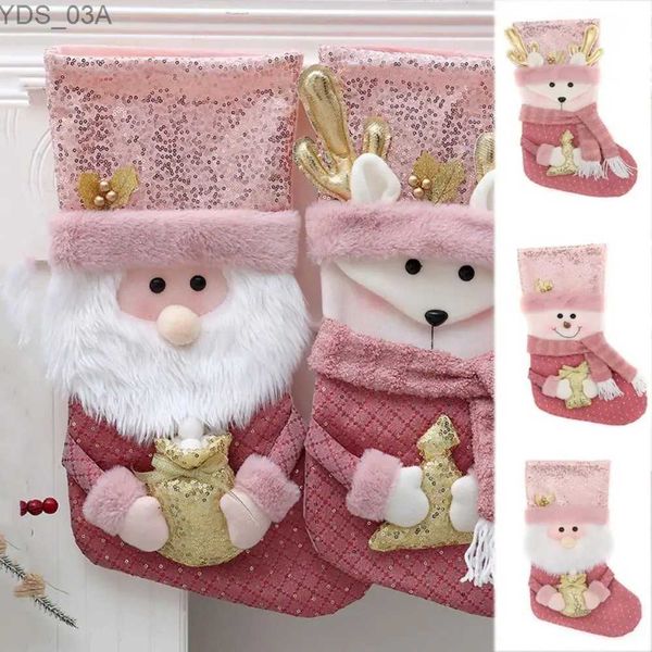 Weihnachtsdekorationen, Weihnachtsmann-Strumpf, Socke, dekorative Weihnachtssocken, Kinder-Süßigkeitstüten, rosa Stoff-Geschenktüte für Kinder, Party, Weihnachtsbaum-Anhänger, YQ231115