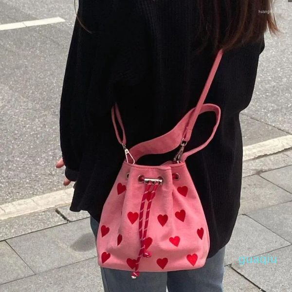 Bolsas de noite bolsa de balde de padrões de morango para mulheres fofo rosa coração designer de ombros y2k bolsas góticas de estilo coreano