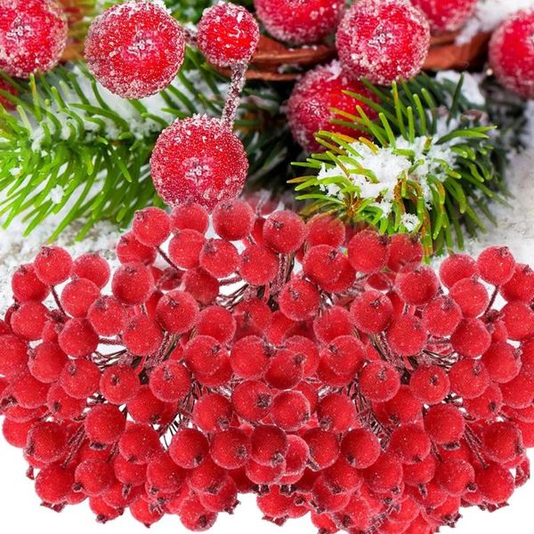 Fiori decorativi 100/20 pezzi di bacche di agrifoglio artificiale Mini stame di fiori di frutta glassata natalizia per casa per la casa di Natale fai da te decorazione