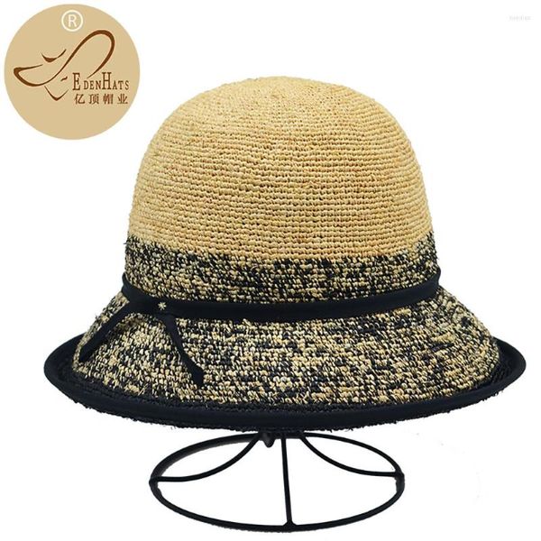 Wide Brim Hats Feiner Raffia-Häkelhut für Damen mit Bandbesatz Strandhut Sun S10-4130