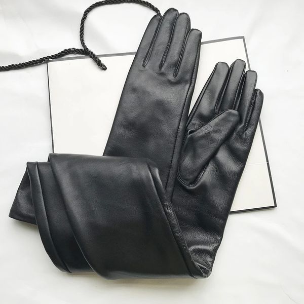 Fünf-Finger-Handschuhe, Herren-Handschuhe, echtes Leder, extra lang, gerader Stil, Schaffell, Winter, warme Manschette, Damen-Langhandschuh, Opera 231115