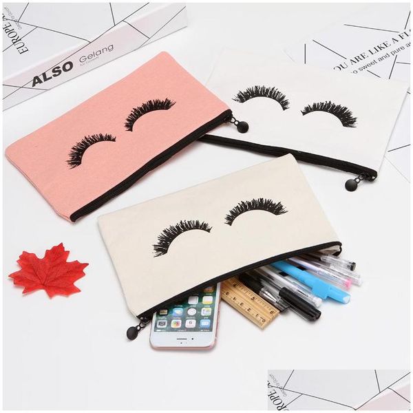 Aufbewahrungsbeutel 23Cmx14.5Cm Large Canvas Eye Lashes Printed Woman Dstring Makeup Bag Zipper Clutch Cosmetic Organizer Lx1825 Drop Deliv Dhmjc