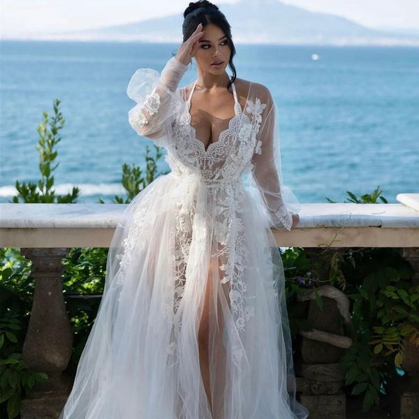 Braut-Robe mit Spitzenapplikationen für Hochzeit, langärmelige Dessous, Damen-Nachtwäsche, einteiliges, durchsichtiges Nachthemd, maßgeschneidertes Umstandskleid für Fotoshooting