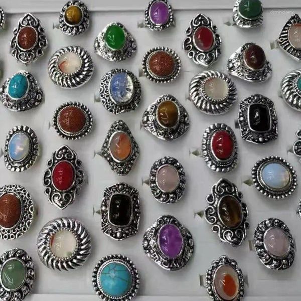 Anéis de cluster atacado 10 pçs/lote pedra natural para mulheres/homens mix estilo vintage esculpido anel banhado a prata moda festa jóias presente
