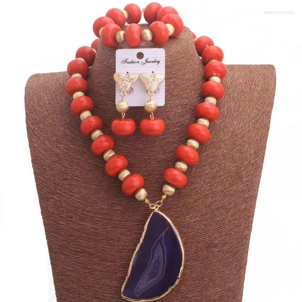 Halskette Ohrringe Set Dudo gepresste Korallenperlen für nigerianische Hochzeit Lila natürlicher Achat Anhänger 2023 Design