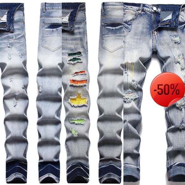 jeans viola di marca 50 di sconto ~ Jeans da uomo Designer uomo miris Biker strappato effetto consumato Denim dritto sottile per uomo Stampa Pantaloni da uomo moda militare da donna