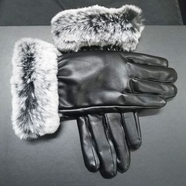 Модные кожаные перчатки Дизайнерские перчатки Пять пальцев Теплые зимние перчатки для женщин Черные осенние и зимние флисовые уличные кожаные перчатки Черные перчатки