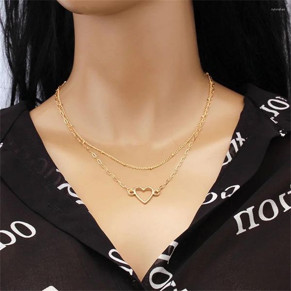 Anhänger Halsketten Mode Vintage Gold Farbe Einfache Geometrische Kette Herz Kreis Halskette Für Frauen Weibliche Multilevel-Choker Schmuck Geschenk