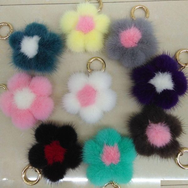 Chaveiros 10cm real vison pele bola chaveiro para bolsa carro chaveiro moda nova flor pompom pingente cadeias gota entrega jóias dhhsr