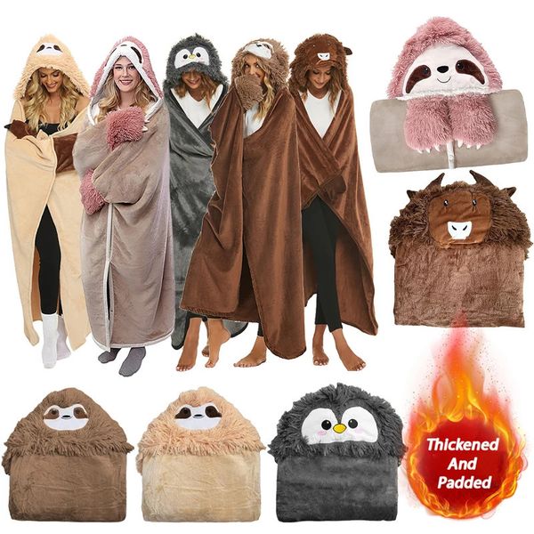 Decken Herbst Winter Erwachsene Tragbare Decke Mit Kapuze Mit Handschuhen Warme Fleece Hoodie Mantel Übergroßen Weichen Cartoon Tier Sofa 231115