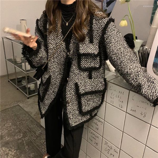 Damen Jacken N MÄDCHEN Damen Woll Tweed Mantel Herbst Winter Korean Style Schärpen Taille Retro Grau Großer Umlegekragen Dicke Wolle