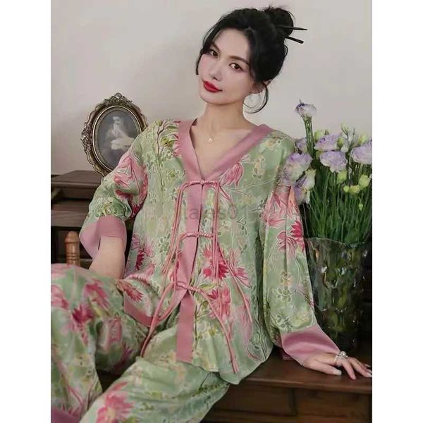 Lounge de sono feminino de alta qualidade estilo chinês botão cetim pijama lazer seda gelo casa roupas nicho design feminino calças de mangas compridas pijamas zln231115