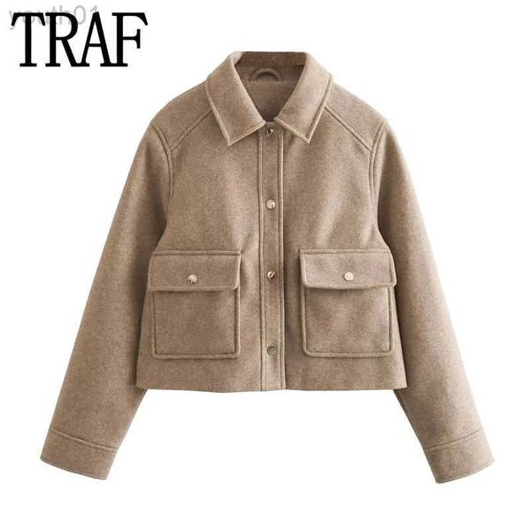 Mulheres para baixo parkas traf 2023 mulher camelo jaqueta cortada feminina macia manga longa vintage jaqueta de outono feminino streetwear novo no inverno casacos curtos zln231115