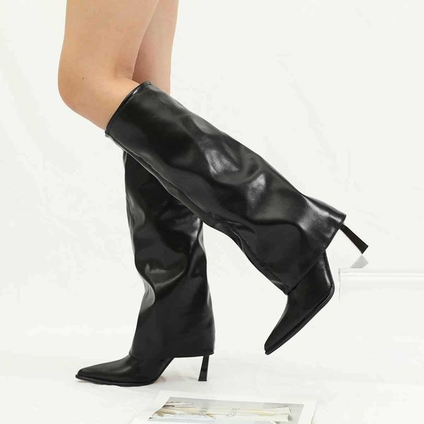 Botas de inverno de pequena estatura, menos que a altura do joelho, botas longas, estilo britânico, calças de salto fino, bico fino, botas altas femininas