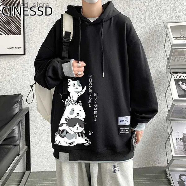 Erkek Sweaters Yeni Erkekler Karikatür Anime Kedi Sweatshirt Köpük Baskı Çift Kapşonlu Uzun Sleve Loose Japon Harajuku Street Boy Kazak Kazak Q231115