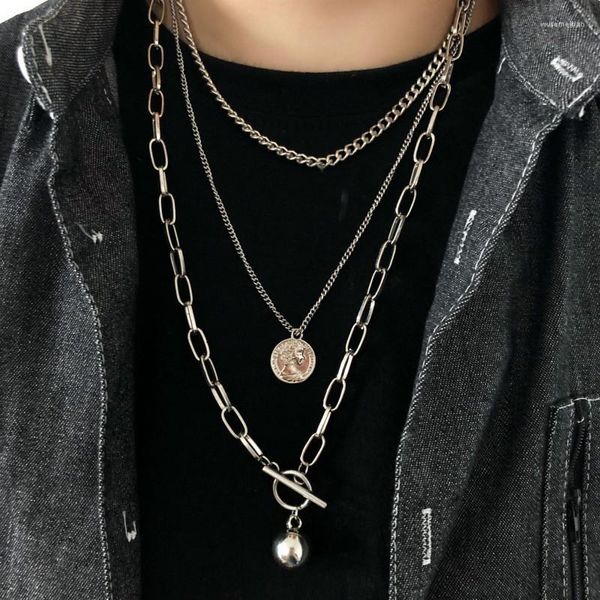 Подвесные ожерелья панк многослойный хип -хоп ожерелье для женщин, мужчины, мода серебряная монета, кросс, длинные украшения, подарочные аксессуары