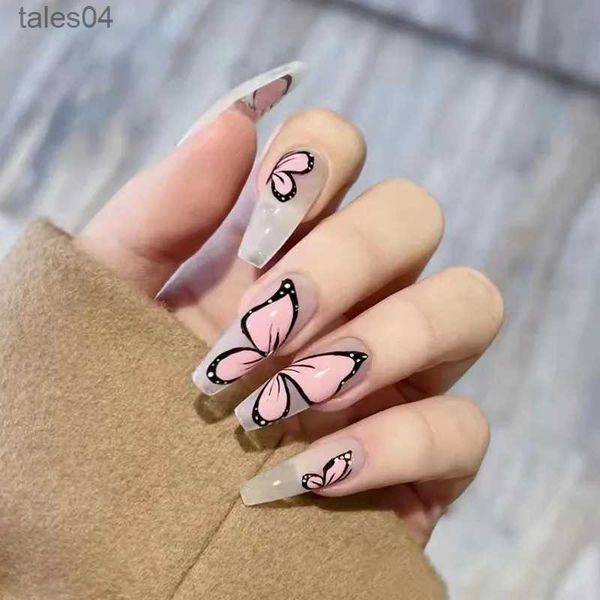 Unghie finte 24 pezzi / scatola Dolce corto Rotondo / Quadrato Testa False Nail Art Copertura completa Unghie finte artificiali staccabili Ballerina Stampa sulle punte delle unghie YQ231115