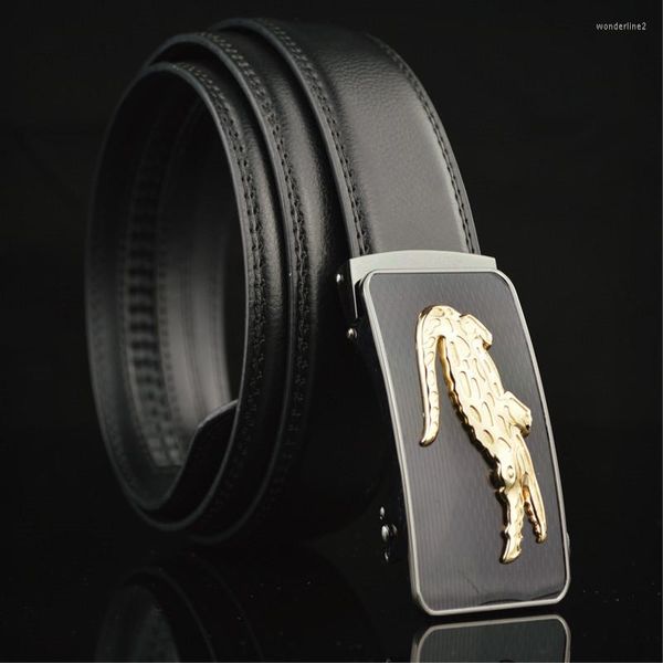 Ремни высококачественные мужчины автоматическая металлическая крокодиловая пряжка топ кожаная мода черная швы с литчи